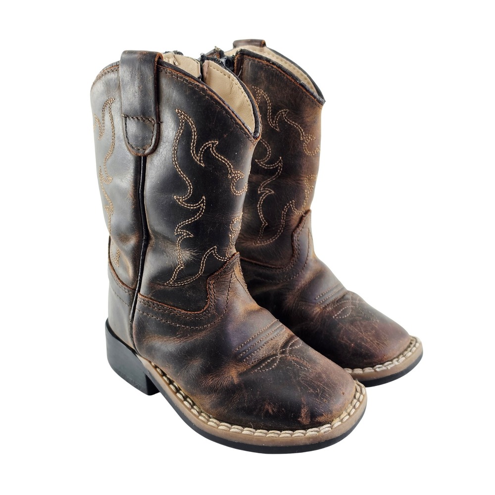 Old West Kids Brown Leather Square Toe Cowboy Boots BSI1904 Size 5.0-D